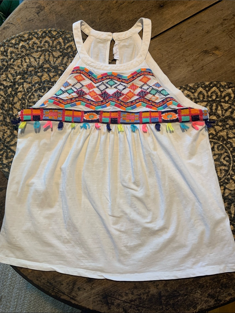THML Embroidered Cotton Blend Halter Tank Top - White with Multicolor Trim